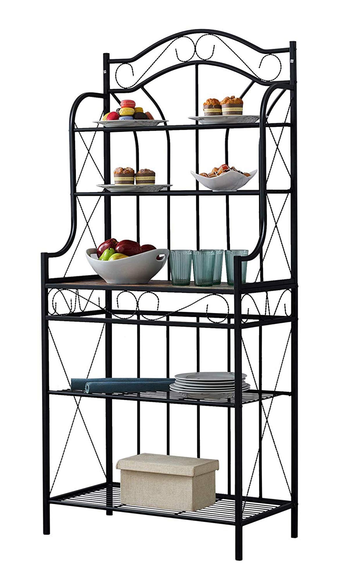 Pilaster Designs Leroy Transitional 5 Tier Freestanding Kitchen Bakers Rack With Black Metal Frame And Walnut Wood Center Shelf