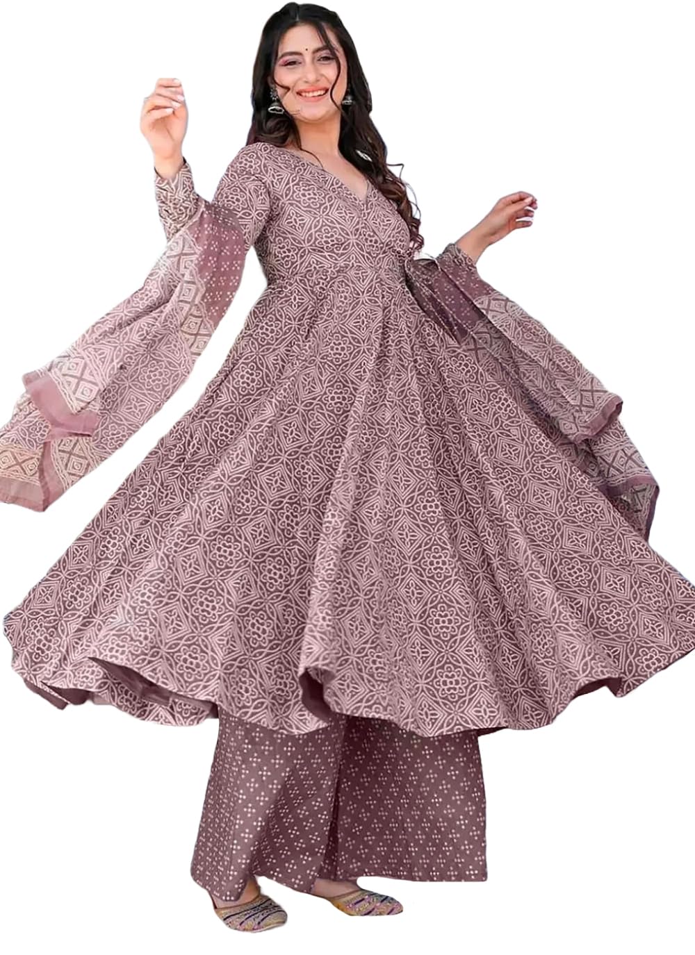 Anni Designer Women'S Rayon Viscose Anarkali Printed Kurta With Palazzo & Dupatta (Sinners Purple_Xl_Purple_X-Large),Purple,XL