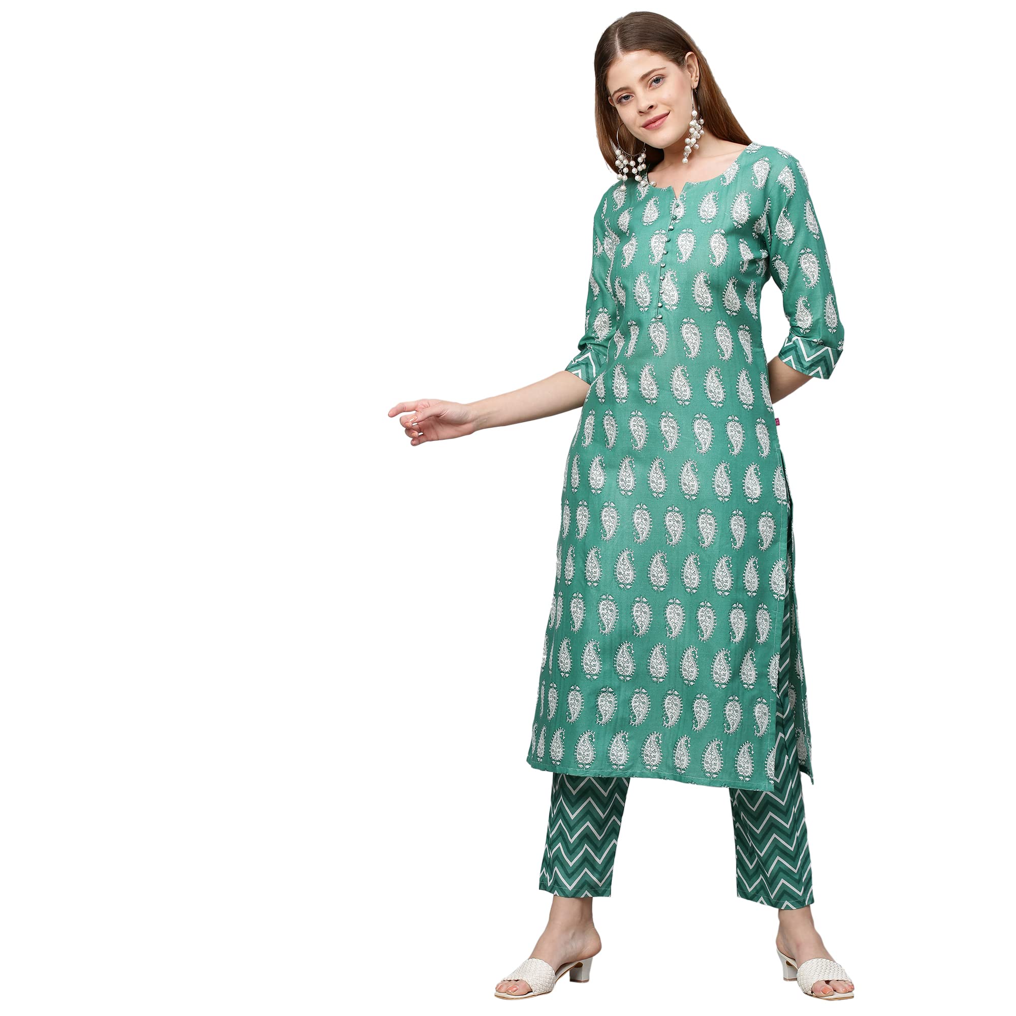 Anni Designer Women'S Cotton Blend Printed Straight Kurta With Pant (Jugnu New01 Green_Xxl_Green_Xx-Large),Green,2XL
