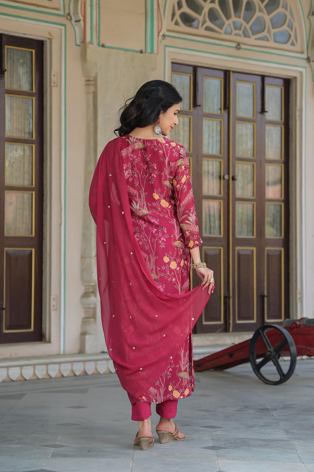 Gosriki Women'S Rayon Blend Straight Printed Kurta With Pant & Dupatta (Shoko Red-Gs_M_Red_Medium),Red,,B0CQPH3S5M