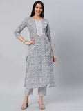 Anni Designer Women'S Cotton Blend Printed Straight Kurta With Pant (Kavi-Grey-Nw_Xl_Grey_X-Large),Grey,XL,Cotton Blend,Regular,Pants
