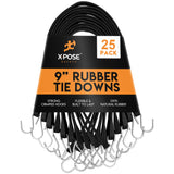Rubber Bungee Cords with Hooks 25 Pack 9 Inch (14 Max Stretch) HeavyDuty Black Tie Down Straps for Outdoor, Tarp Covers, Can
