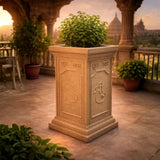 Go Hooked Tulsi Pot For Home (1636 Inch, Brown) | Premium Polymer SandstoneStyle Tulsi Planter | Embossed Shubh Labh, Om & Swas