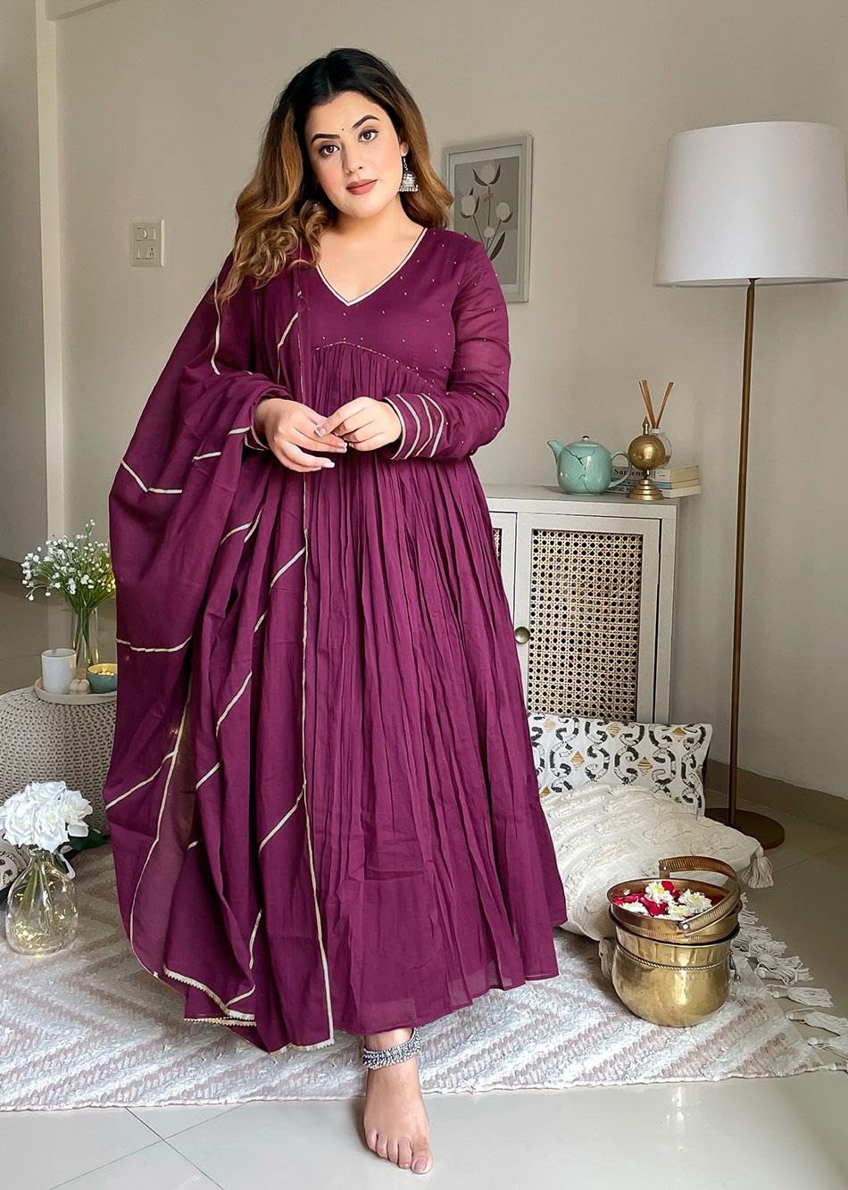 Anni Designer Women'S Rayon Viscose Yoke Anarkali Kurta With Pant & Dupatta (Suruchi Wine_L_Wine_Large),Wine,L,Rayon Blend,Anarkali,