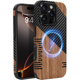 ZZDZZ Magnetic Case Compatible with iPhone 16 Pro Case [Compatible with MagSafe] Wood and Leather Carbon Fiber Design Hybrid Sho