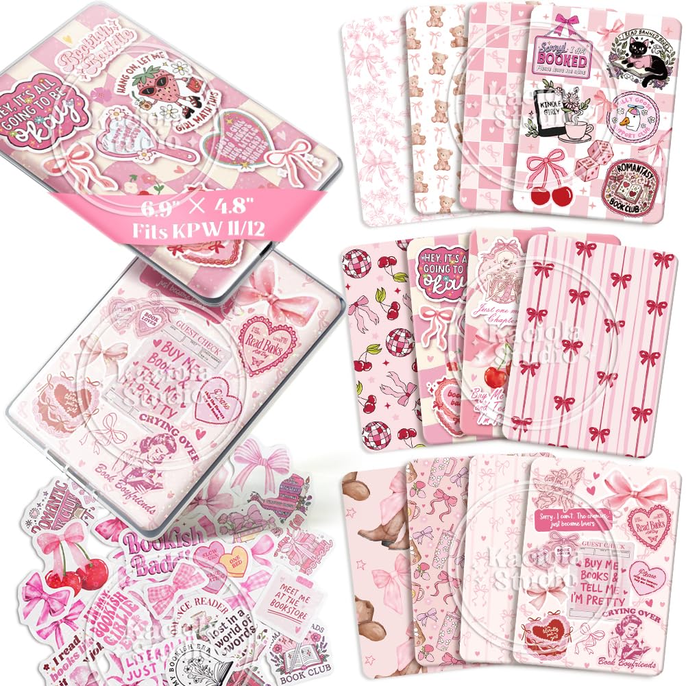 Kaciola 12PCS Inserts Cardstock for E-Reader Clear Case with 50PCS Scrapbook Stickers for Insert, 6.9x4.8 Pink Bow Theme Back Co