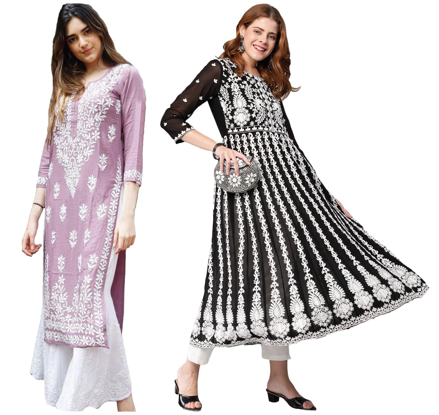 Anni Designer Women'S Cotton Blend Embroidered Straight Kurti Combo Pack Of 2 (Victoria Purple & Kari Black_2095_Multicolor_Small),Multicolour,S