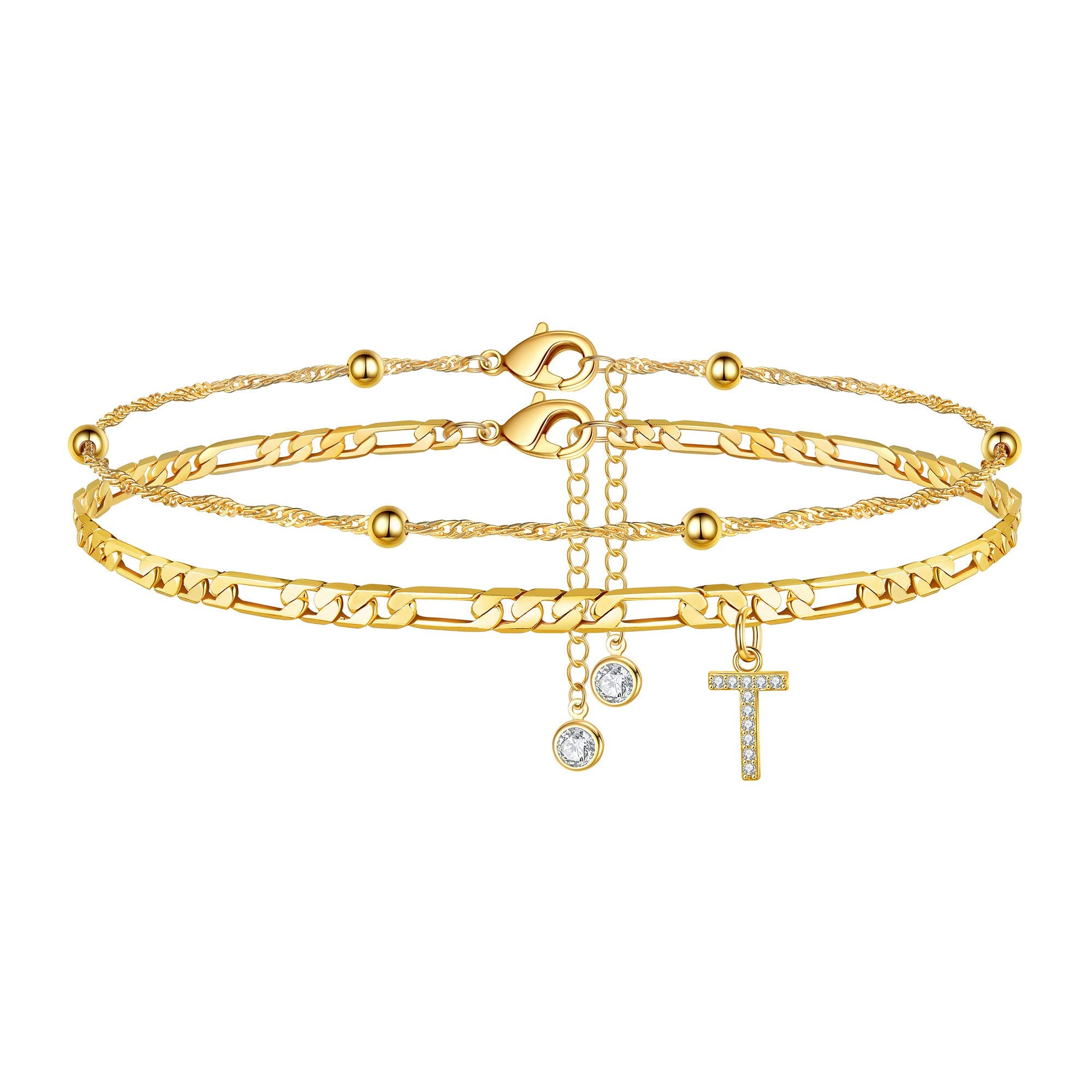 Ankle Bracelets for Women, T Initial Anklet 14K Gold Plated Dainty Adjustable Layered Initial Anklets Set Beaded Chain Figaro Ch