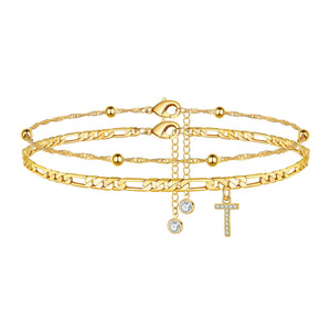 Ankle Bracelets for Women, T Initial Anklet 14K Gold Plated Dainty Adjustable Layered Initial Anklets Set Beaded Chain Figaro Ch