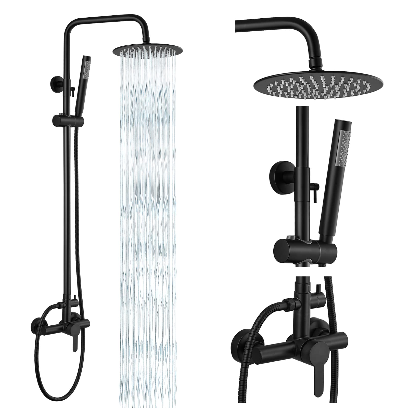 Gotonovo Matte Black Outdoor Shower Fixture Sus304 System Combo Set Rainfall Single Handle High Pressure Hand Spray Wall Mount 2