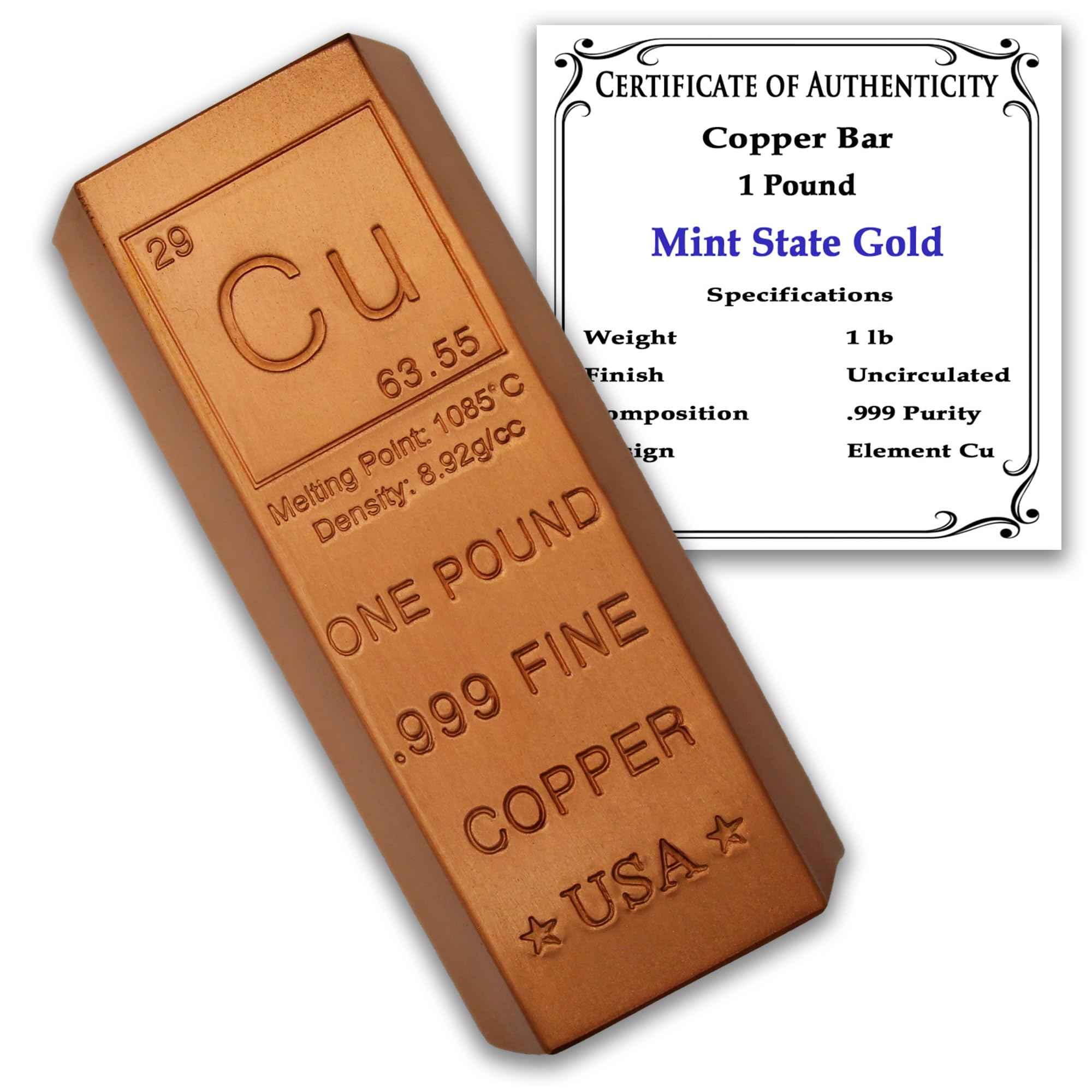 1 Pound Copper Bar Ingot Paperweight - 999 Pure Chemistry Element Design with Certificate of Authenticity by Mint State Gold
