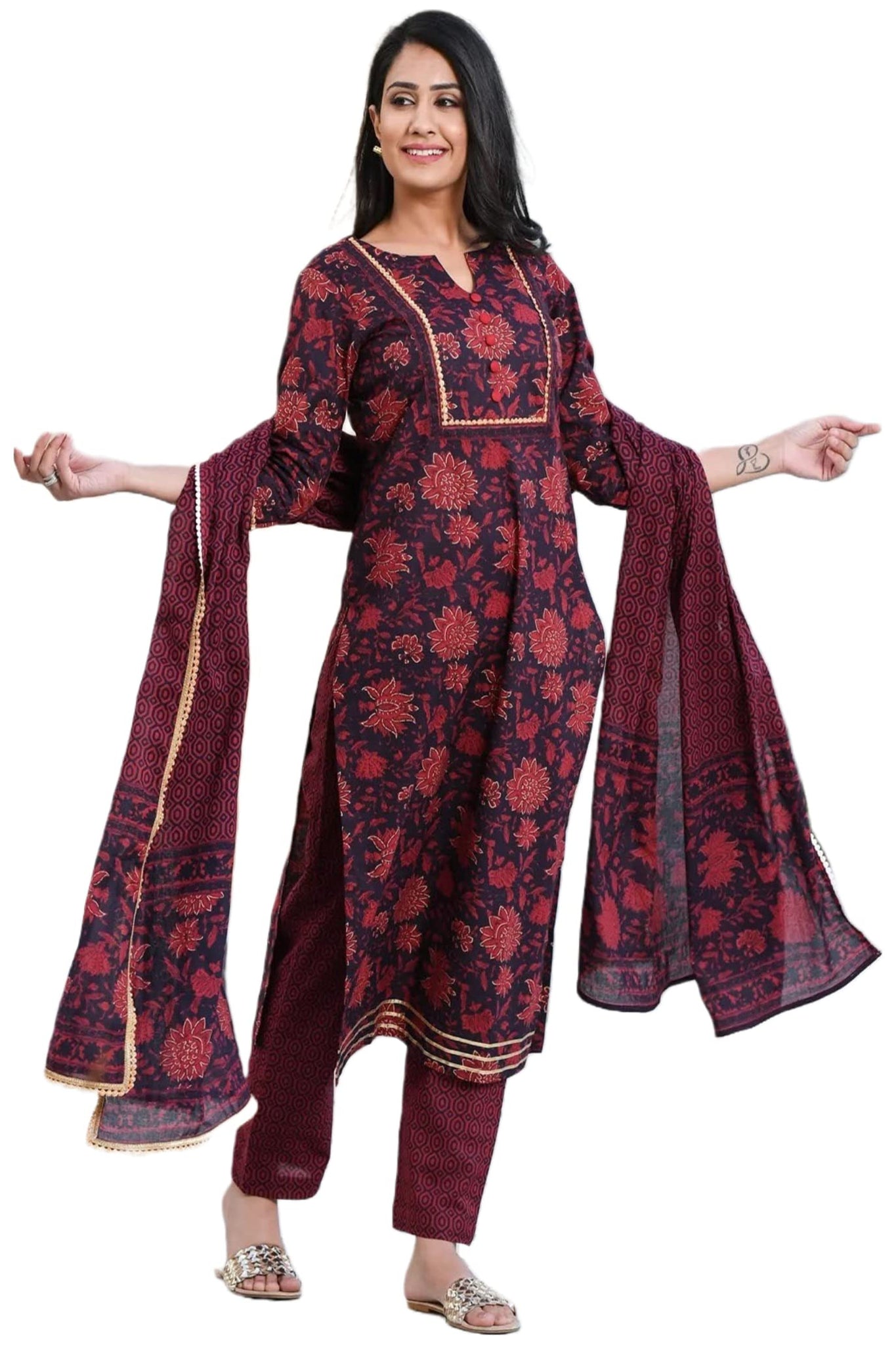 Gosriki Women'S Cotton Blend Printed Straight Kurta With Pant & Dupatta (Rapat Wine_Xxl-Gs-Nw_Wine_Xx-Large),Wine,2,B0BF4VK1BC