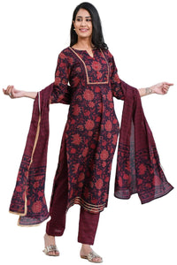 Gosriki Women'S Cotton Blend Printed Straight Kurta With Pant & Dupatta (Rapat Wine_Xxl-Gs-Nw_Wine_Xx-Large),Wine,2,B0BF4VK1BC