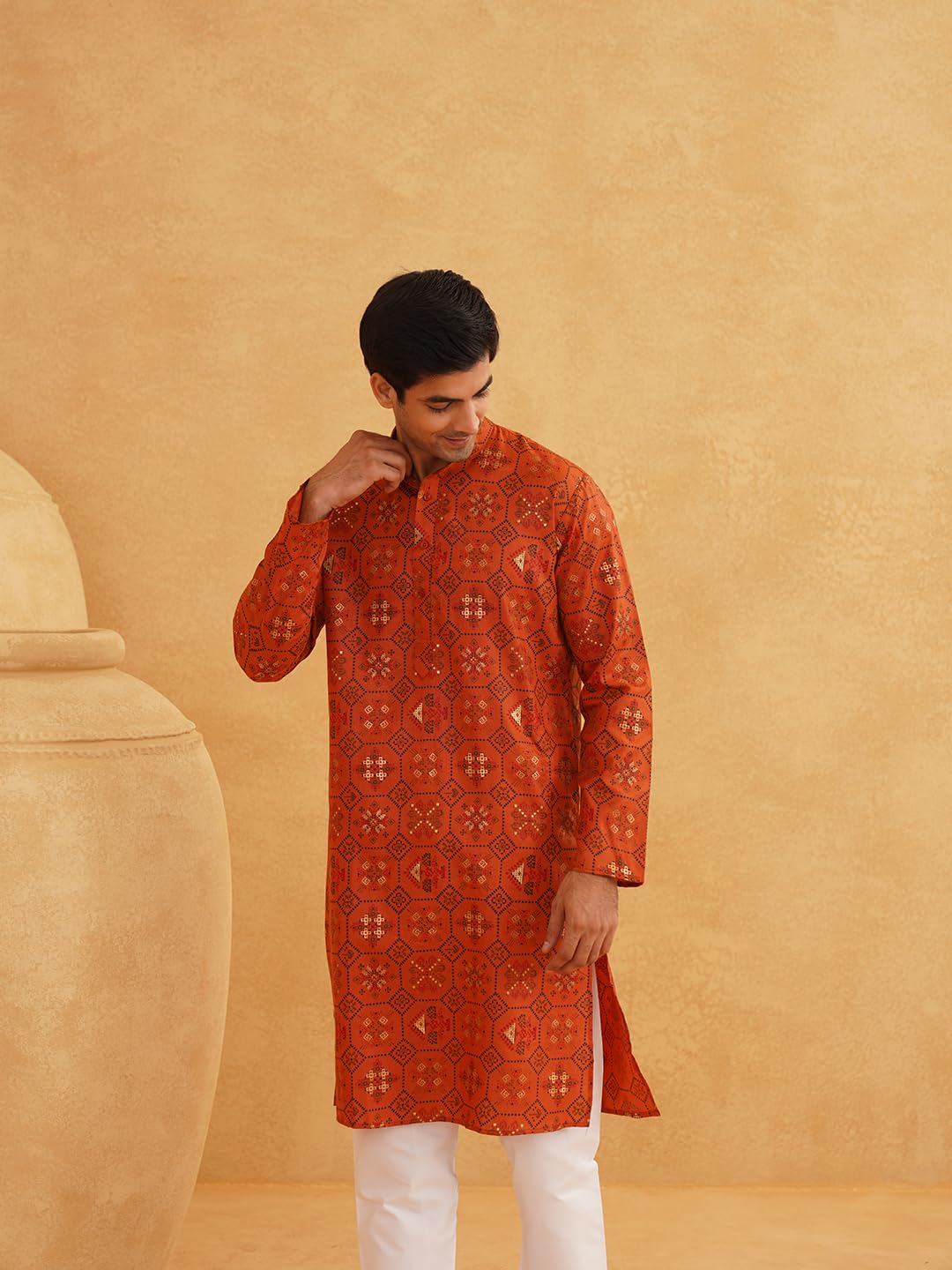 Sojanya (Since 1958 Men'S Cotton Linen Orange & Multi Print Only Long Kurta Orange & Multi S