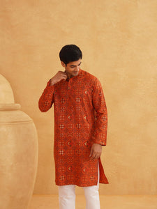 Sojanya (Since 1958 Men'S Cotton Linen Orange & Multi Print Only Long Kurta Orange & Multi S
