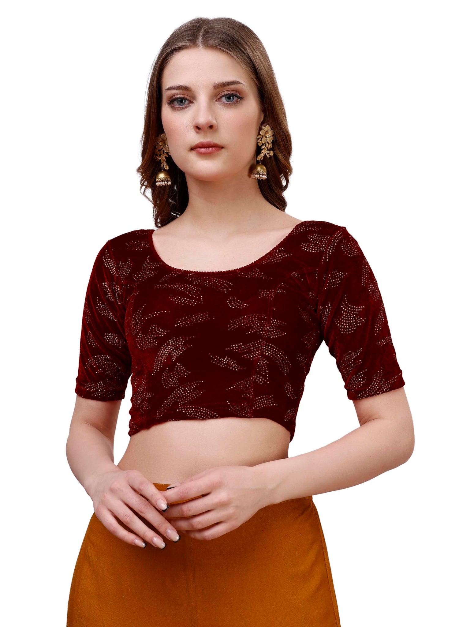 Vihu Fashion Women's Readymade Hosiery Velvet Lycra Stretchable Round Neck Half Sleeve Blouse Fancy Maroon Color Lycra Stretchab