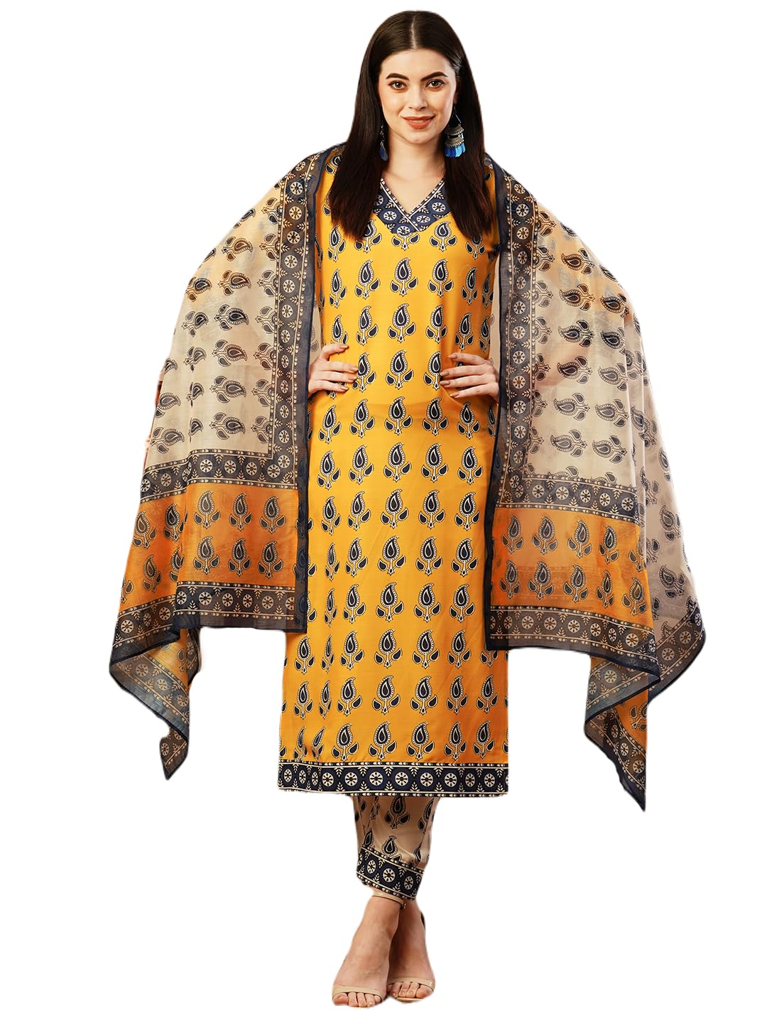 Gosriki Women'S Cotton Blend Straight Printed Kurta With Pant & Dupatta (Uchiha Mustard-Fka-Gs_3Xl_Mustard_Xxx-Large),Mustard,3,B0CTXH7M9C