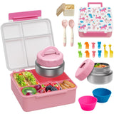 Bento Lunch Box with 9.5 oz Soup Thermo, Kids Leakproof 4 Compartments Bento Box with Silicone Cupcake,Fruit Fork,Spoon and Sauc