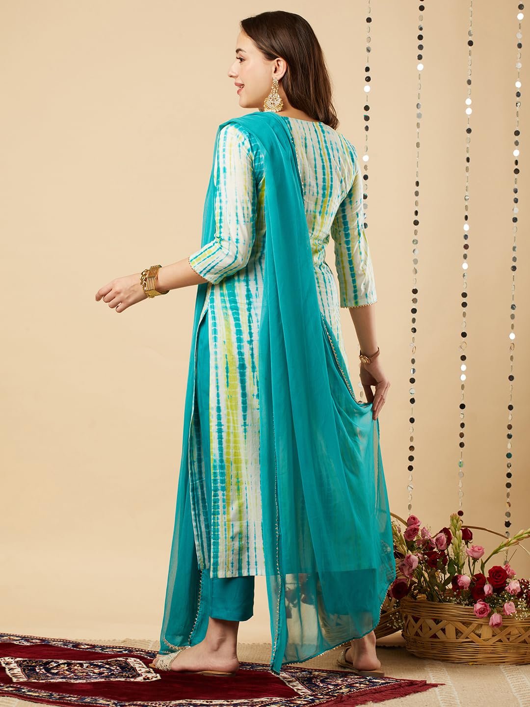 Gosriki Women'S Rayon Blend Straight Printed Kurta With Pant & Dupatta (Tiedye Blue-Gs_S_Blue_Small),Blue,,B0CJ4Y5R96