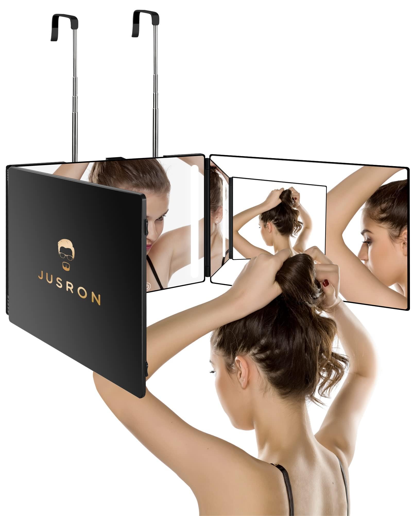 3 Way Mirror for Self Hair Cutting with Lights, Rechargeable 360 Trifold Barber Mirrors LED Makeup Mirror, Light Up Mirror to Se