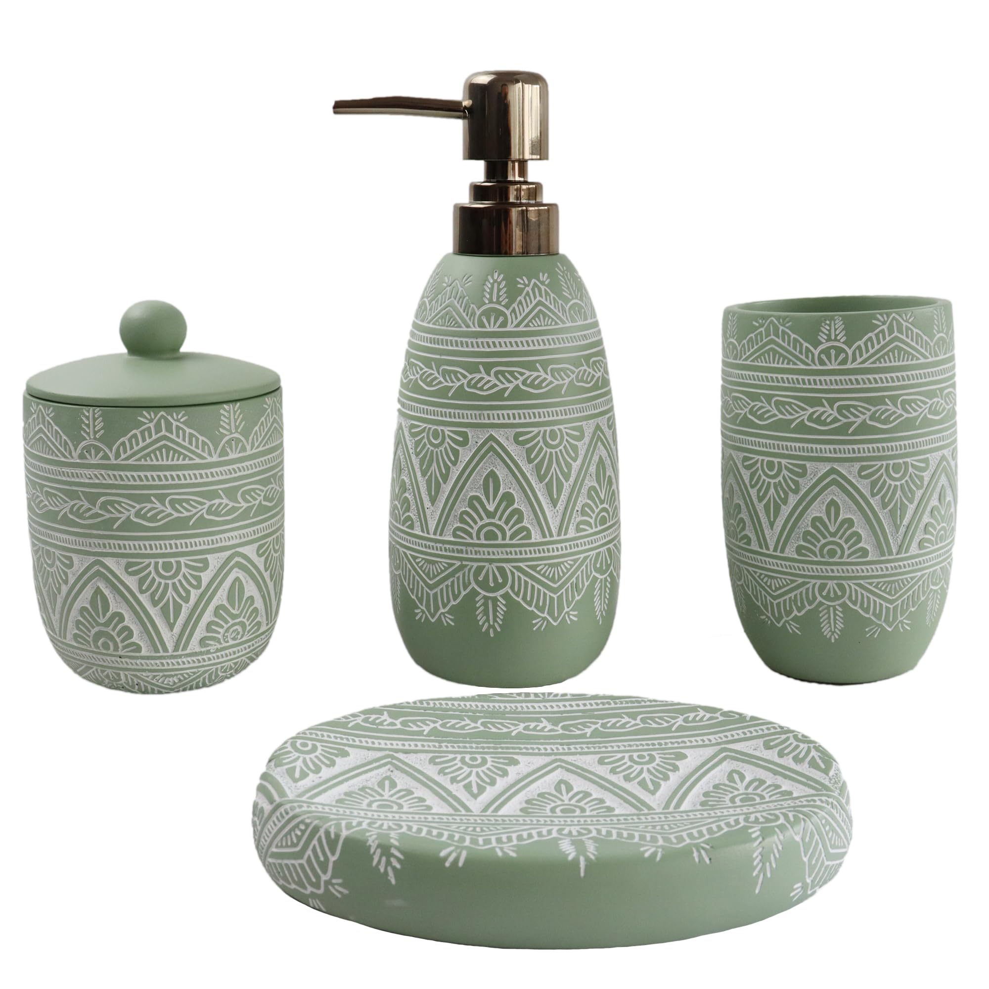 Hymmah Green Bathroom Accessories Set,Farmhouse Bathroom Decor,4 Pcs Resin Gift Set Apartment Necessities, Contain Cotton Swab J