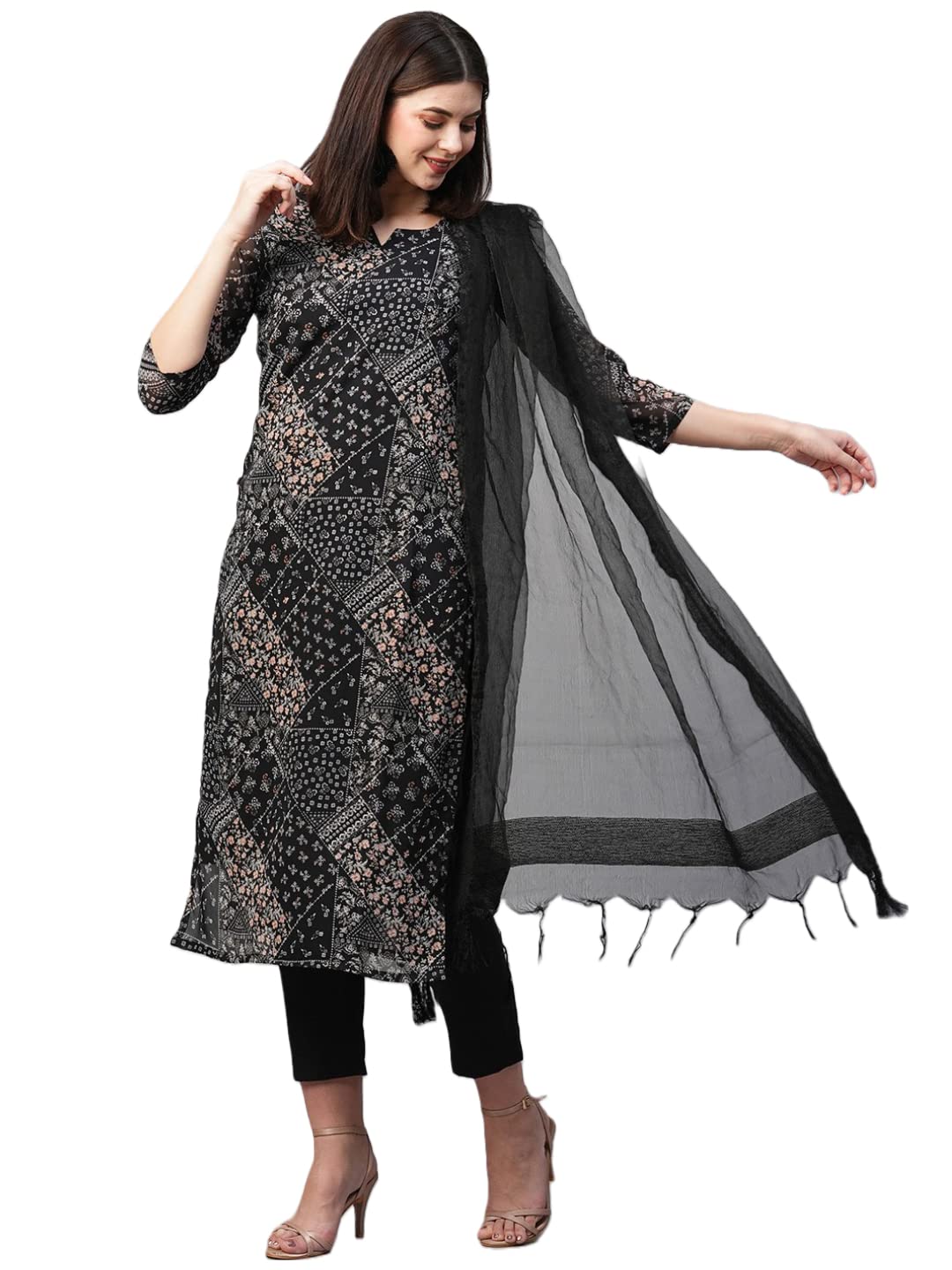 Anni Designer Women'S Georgette Floral Straight Kurta With Pant & Dupatta (Pivis Black,Black,L