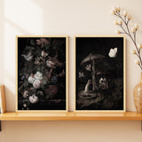 SoulAbiti Flower Bouquet & Mushroom Butterfly Framed Wall Art Print Set of 2 12x18 inch Light Brown Frame PlexiGlass DarkGloomy