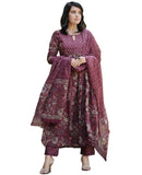 Gosriki Women'S Rayon Blend Anarkali Printed Kurta With Pant & Dupatta (Kanjur Wine-Gs_Xl_Wine_X-Large),Wine,,B0DC6KSZ8K