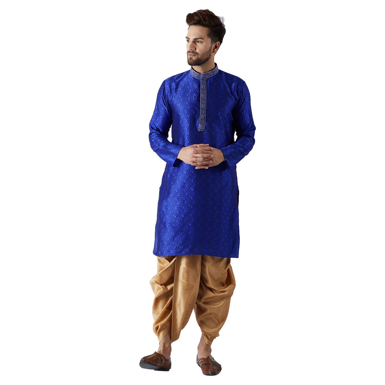 Sojanya (Since 1958, Men'S Blue & Gold Silk Blend Kurta & Dhoti Set, Size: M
