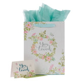 WITH LOVE Women's Flowery Wreath Gift Bag w/Card & Blue Tissue Paper: You Are Loved, White w/Pastel Pink & Blue Florals, Gift Id