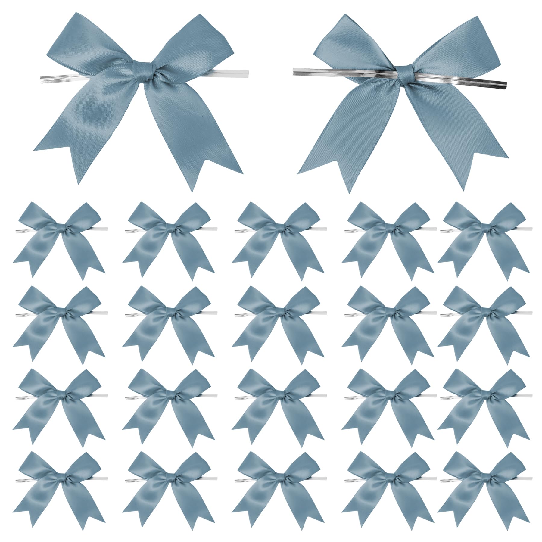 50 Counts Dusty Blue Twist Tie Bows 3.1 Pre-Tied Satin Ribbon Bow Decor Mini Twist Tie Bows for Gift Wrapping Treat Bags Cake Br