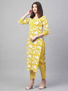 Gosriki Women'S Cotton Blend Printed Straight Kurta With Pant (Pustak Yellow-Gs_S_Begani_Small),Yellow,,B0D9WF37J5