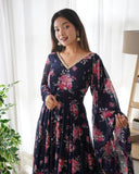 Wedani Women Floral Print Anarkali Kurta With Pant And Duptta (Small Navy),Navy,S,Georgette,Anarkali,Dupatta
