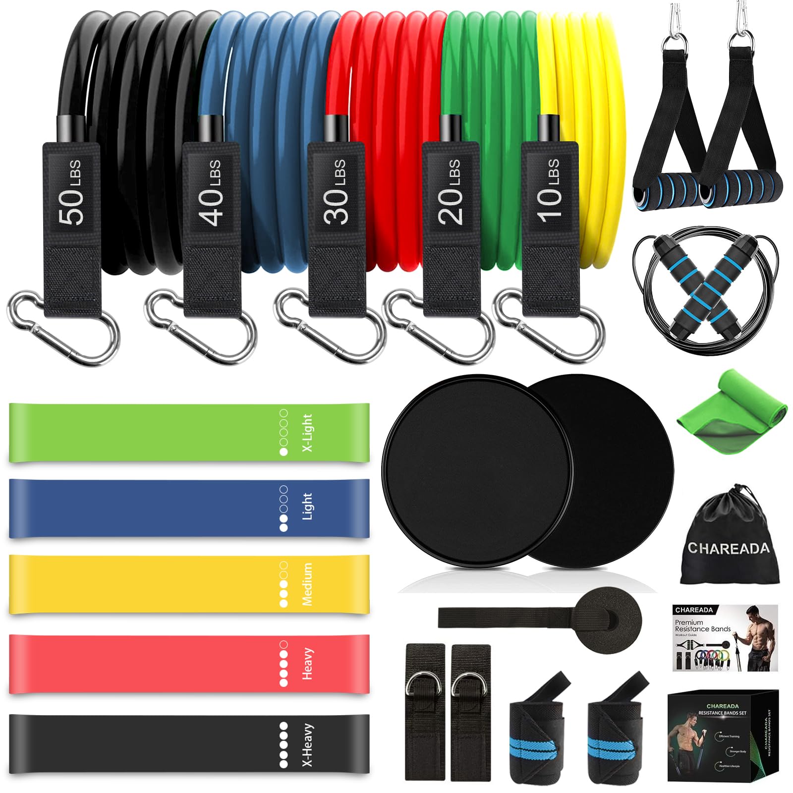 23 Pack Resistance Bands Set Workout Bands, 5 Stackable Exercise Bands 5 Loop Resistance Bands 2 Core Sliders, Door Anchor Handl