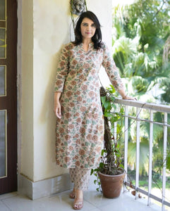Gosriki Women'S Cotton Blend Straight Printed Kurta With Pant (Wide Cream-Gs_L_Cream_Large),Cream,,B0CQPHFQ33