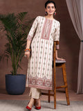 Libas Womens Printed Crepe Straight Kurta With Palazzos Beige S