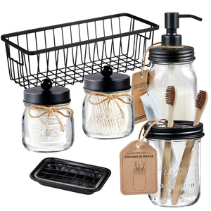 Premium Mason Jar Bathroom Accessories Set (6Pcs) - Lotion Soap Dispenser,Toothbrush Holder,2 Apothecary Jars(Qtip Holder), Soap