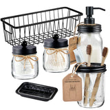 Premium Mason Jar Bathroom Accessories Set (6Pcs) - Lotion Soap Dispenser,Toothbrush Holder,2 Apothecary Jars(Qtip Holder), Soap