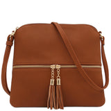 DELUXITY Lightweight Medium Crossbody Bag with Tassel (Tan)