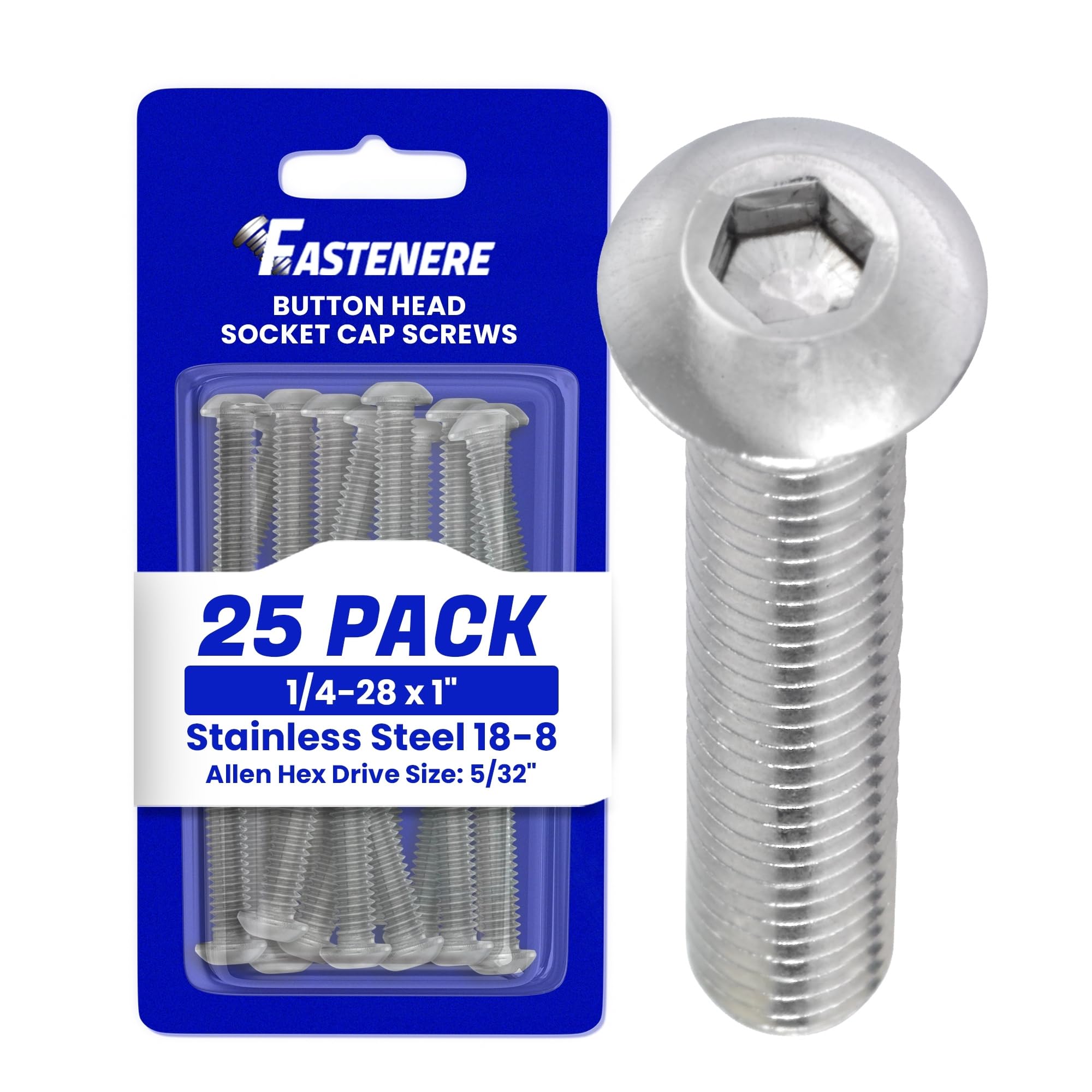 1/4-28 x 1 Button Head Socket Cap Screws, Allen Socket Drive, Stainless Steel 18-8, Full Thread, Bright Finish, Machine Thread