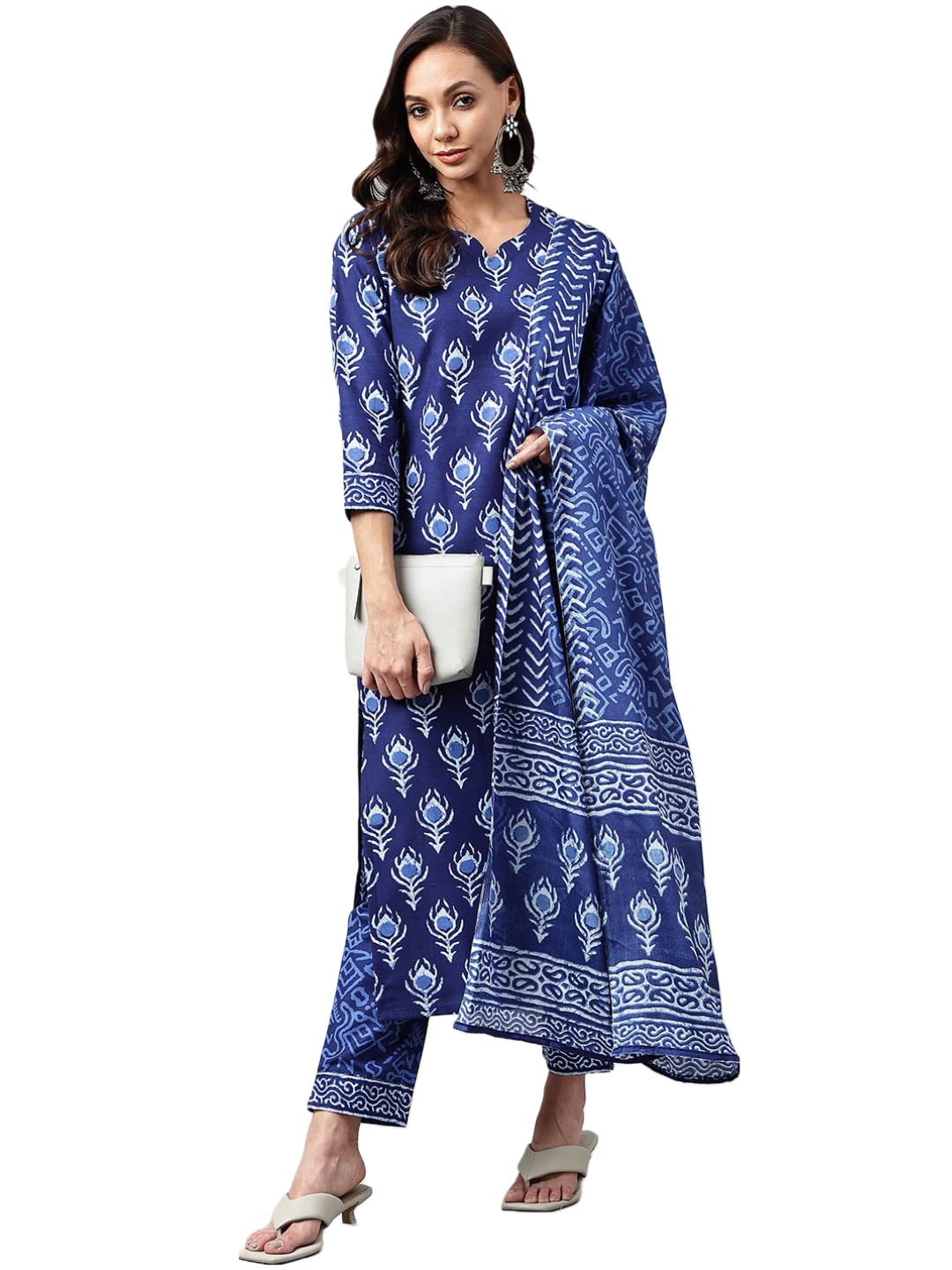 Gosriki Women'S Cotton Blend Floral Printed Straight Kurta With Pants & With Dupatta (Bulgeriya Blue-Nw_S-Gs_Blue_Small),Blue,,B0BMXQZ2JX