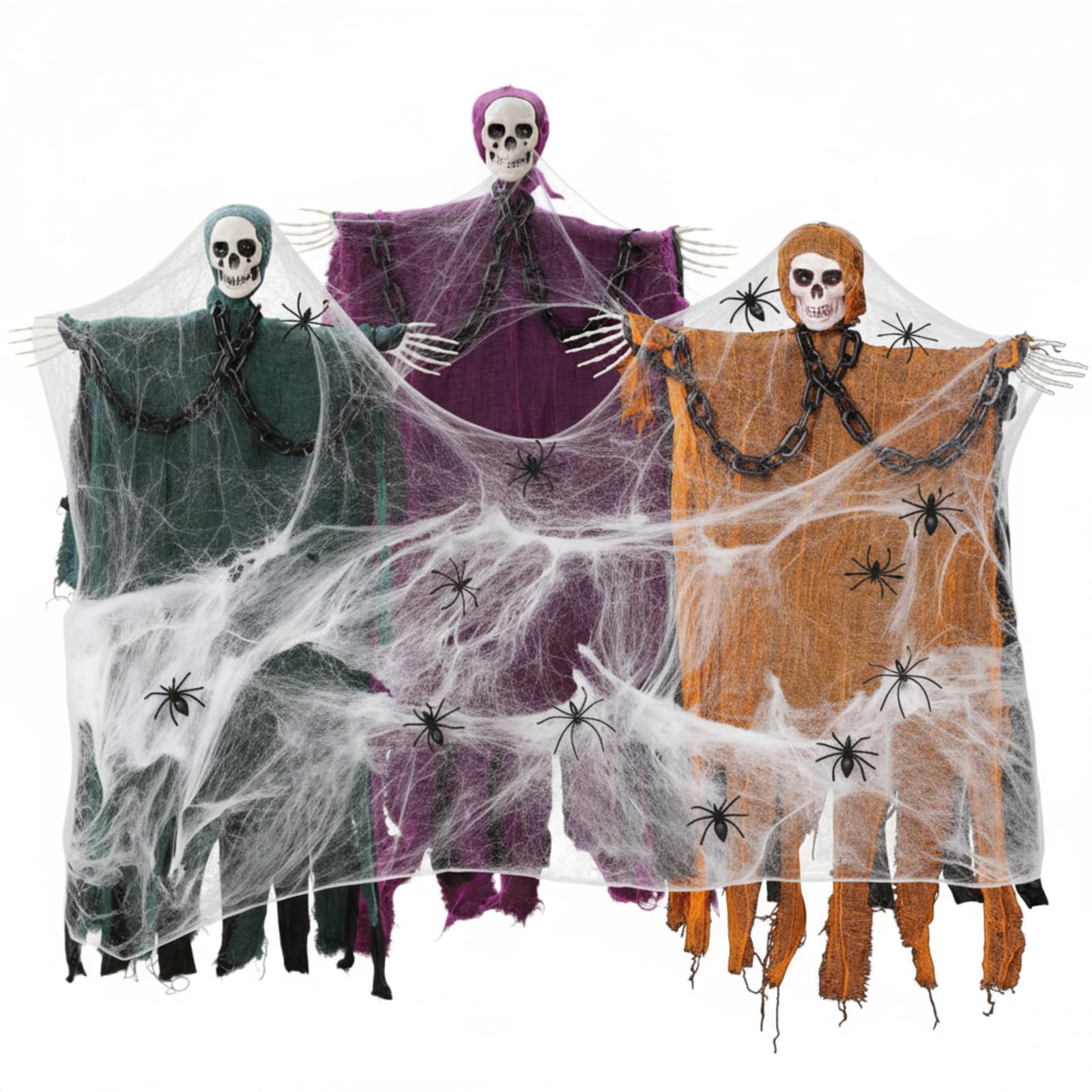 3 Pcs 39 Halloween Decoration Hanging Grim Reapers with 1000 Sqft Spider Webs 60 Spider 3 Chain Halloween Skeleton Ghost Decor