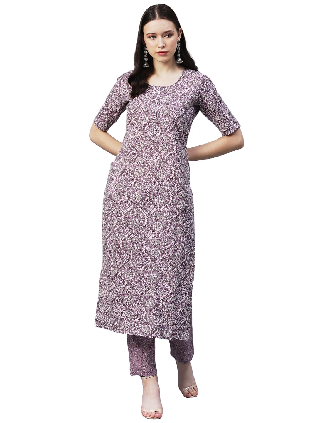 Anni Designer Women'S Cotton Blend Straight Floral Printed Kurta And Pant (Batakli-Purple-Sm_Xl_ Purple_X-Large),Purple,XL