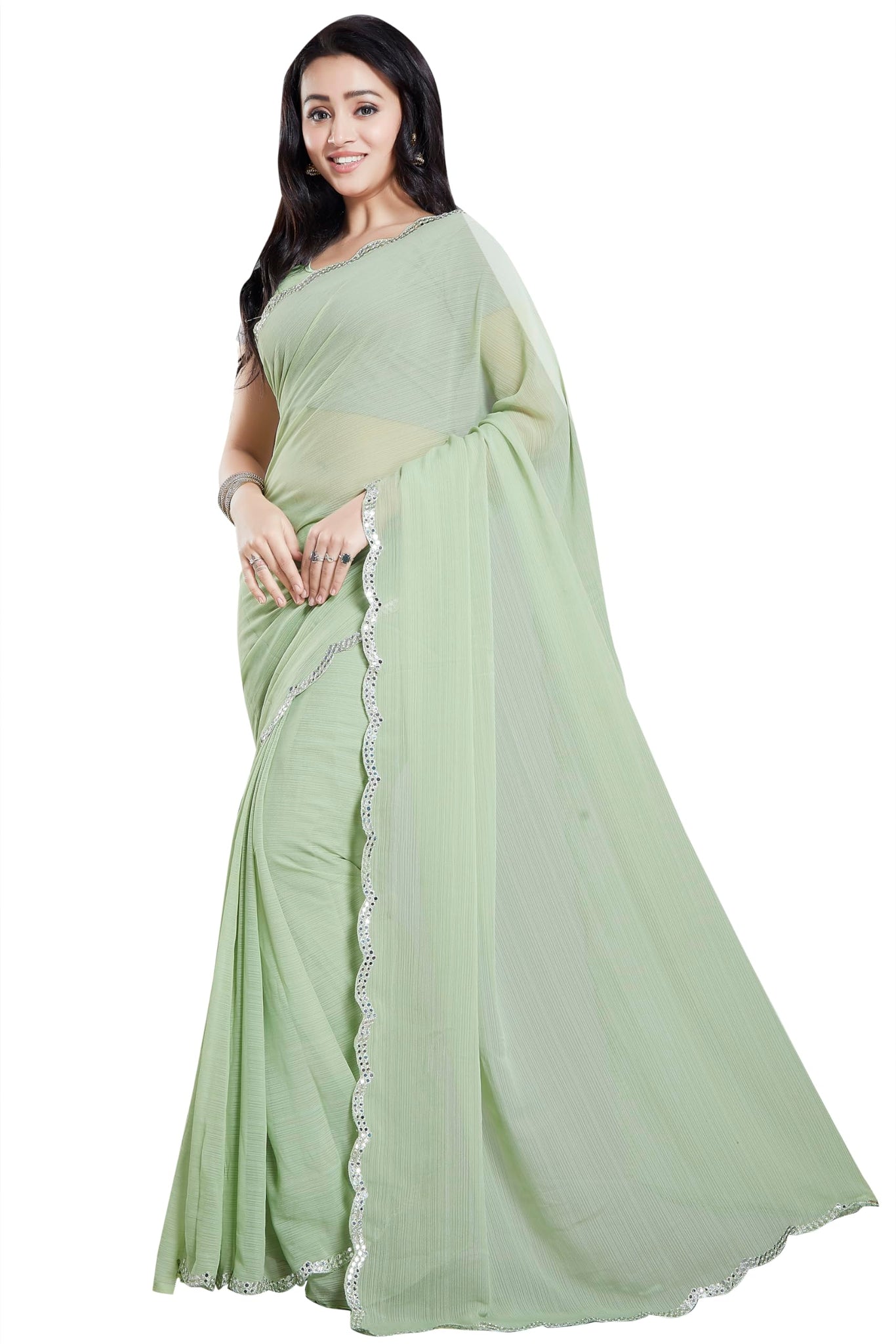 RANI SAAHIBA Women's Mirror Embroidered Chiffon Saree Without Blouse (SKR11714_Pista Green)