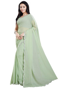 RANI SAAHIBA Women's Mirror Embroidered Chiffon Saree Without Blouse (SKR11714_Pista Green)