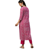Ishin Women'S Pure Cotton Pink Printed Straight Kurta Trouser Set Pink L