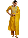 Libas Gerua Womens Yoke Design Silk Blend Straight Kurta With Trousers And Dupatta