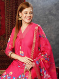 Anni Designer Women'S Cotton Blend Straight Printed Kurta With Pant & Dupatta (Sanskrit Rani-Jl_Xxl_Pink_Xx-Large),Pink,2XL,,,