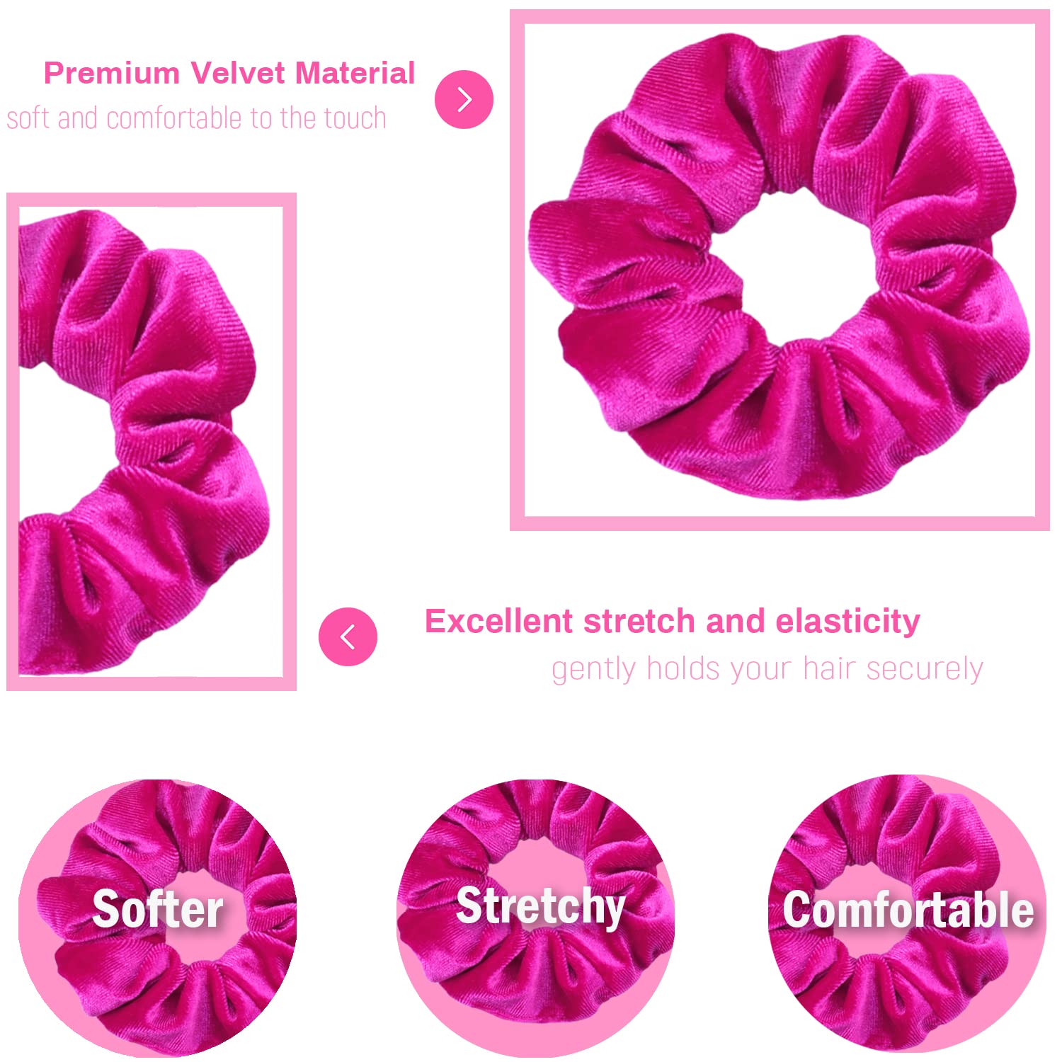 IVARYSS Hot Pink Scrunchies, Premium Velvet Soft Hair Scrunchy, Solid Colors Thick Elastic Bands, Hair Accessories for Women and