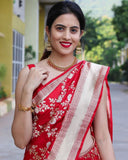Flosive Womens Present Banarasi Soft Lichi Silk Saree Beautiful Jacquard Rich Pallu Design Work Zari Woven Kanjivaram Silk Style Saree With Soft Lichi Silk Blouse Piece (B Red)